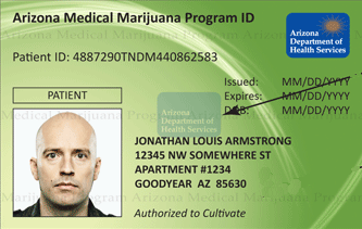Sample Arizona Medical Marijuana ID card from Arizona Department of Health Services - Front side