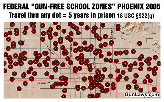 Gun free school zones in Phoenix per 18 USC 922. Travel thru any dot and get 5 years in prison